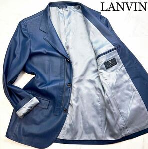 【ほぼ新品】限定モデル!幻の美色ブルー★希少L! LANVIN ランバン 最高級ヘリンボーン光沢ラムレザー 羊革テーラードジャケット青メタルZIP