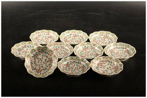 [URA]古伊万里色絵花草文小皿10客/5-5-09 (検索)骨董/小鉢/小皿/膾皿/銘々皿/向付/懐石料理/懐石道具/有田