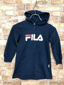 FILA フィラ キッズ ビッグロゴプリント 裏起毛 スウェット 薄手 フーディーワンピース 120 ネイビー コットン他