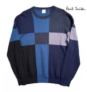 名作【XL】Paul Smith ポールスミス クルーネックニット XL メンズ ハイゲージ パネルデザイン ケーブル ウール 送料520円 セーター