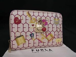 1円 ■極美品■ FURLA フルラ ラブリー レザー カデナチャーム ハート カードケース カード入れ 名刺入れ ピンクベージュ系 FC0023