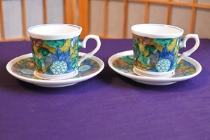 九谷焼　コーヒーカップ＆ソーサ　九谷青郊　ふきのとう柄　２客セット　美品