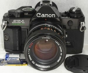 【整備/性能測定済/外観B品】Canon AE-1 PROGRAM ブラック＋FD50mmF1.4 S.S.C.「oマーク」_P,S,機能OK(4130452_123)