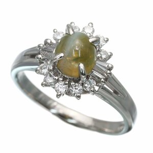 神秘的な美しさ… Pt900 クリソベリルキャッツアイ ダイヤモンド リング 4.4g 1.28/0.28ct 超美品 ◎06A61