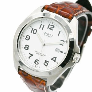 1円 CASIO EDIFICE カシオ エディフィス EF-120 QZ クオーツ デイト 3針 白文字盤 メンズ 腕時計 ラウンド 革ベルト ブランド 355720240514