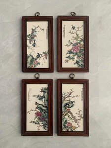 磁板絵 色絵磁器 山水画 花鳥絵 4枚セット 額付 唐物 中国古美術