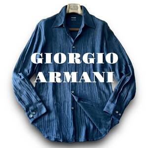 B05 美品 定価 16万 Mぐらい 48 『ジョルジオアルマーニ GIORGIO ARMANI』爽やか！ ビスコース デニム調 長袖 シャツ インディゴブルー
