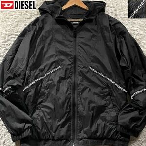 美品/XL相当●DIESEL ディーゼル ナイロンパーカー マウンテン フード ジップ ジャケット 軽量 撥水性 ロゴラインテープ 黒 ブラック