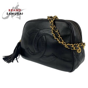 CHANEL シャネル ビッグココマーク フリンジ ブラック 黒 ゴールド金具 ラムスキン ショルダーバッグ 斜め掛けバッグ レディース 403833