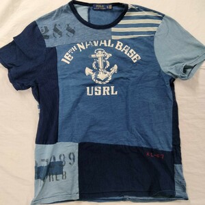 ポロ　ラルフローレン　POLO RALPH LAUREN　　tシャツUSRL indigo patchwork インディゴ　パッチワーク　ステンシル　naval vintage 加工