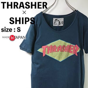THRASHER × SHIPS スラッシャー シップス ビッグ プリントロゴ 半袖 Tシャツ S〜M 相当 プリントT カットソー 紺 ネイビー