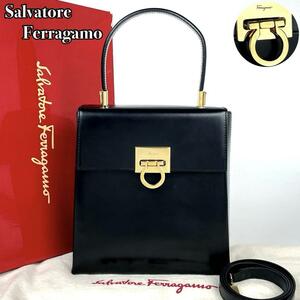極美品●Salvatore Ferragamo フェラガモ ハンドバッグ ガンチーニ 2way ショルダーバッグ ゴールド金具 レザー 黒 ブラック フォーマル