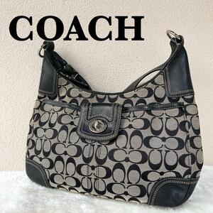 美品COACHコーチセミショルダーバッグトートバッグブラック黒シグネチャー総柄