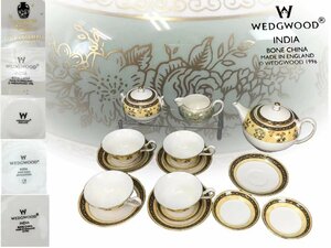 J0579 WEDGWOOD ウェッジウッド カップ&ソーサー 4客 ポット ミルクタンク シュガーポット ケーキ皿 3点 金彩バラ模様 茶道具 西洋美術