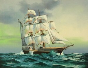 油彩画 洋画 肉筆油絵 F6号 「帆船 海景画」-78- 特価