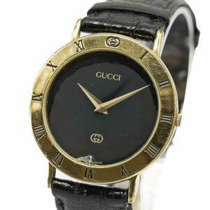 1円 GUCCI グッチ 3000M ゴールド QZ クオーツ 黒文字盤 GP メンズ 腕時計 ラウンド ブランド ウォッチ 革ベルト 男性用 310020240423