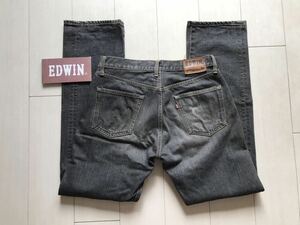 【即決】W33 エドウィン EDWIN 443ブラックデニム 黒　ユーズドヒゲ加工　イエローステッチ　裾チェーンステッチ　日本製綿100% ストレート