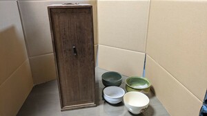 茶道具 茶箱 短冊箱 木箱 茶碗3個 建水 陶器 セット 81