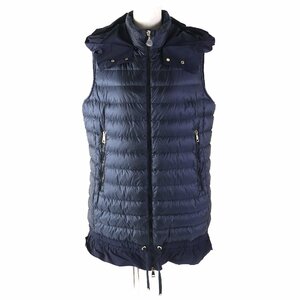 極美品△MONCLER モンクレール AMARANTE GILET アマラント 裾フリル ロゴZIP フード付き ロング丈 ダウンベスト ネイビー 4 レディース