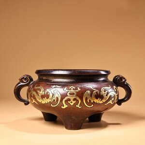 ◆古寳堂◆明 宣德年製款 紫銅製 塗金 雙獣耳 熏香炉 置物 賞物 極細工 古置物 古擺件 中国古美術 時代物 古董品
