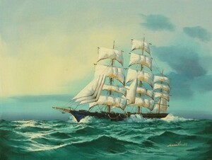 油彩画 洋画 肉筆油絵 F6号 「帆船 海景画」-102- 特価