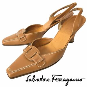j117 Salvatore Ferragamo サルヴァトーレフェラガモ レザー パンプス バックストラップ キャメル 6.5 革靴 レディース 正規品