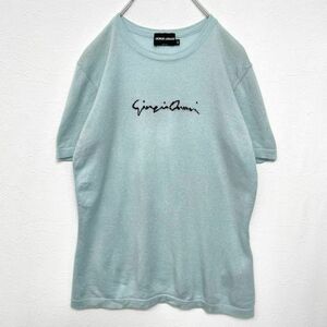 ジョルジオアルマーニ　カシミヤシルク　ビッグロゴ　半袖　ニットセーター　水色　レディース　44サイズ　GIORGIO ARMANI