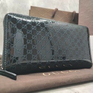 超希少/付属品完備●GUCCI グッチ メンズ 長財布 マイクロシマ ラウンドファスナー ジップ エナメル パテントレザー 黒 ブラック 青 ブルー