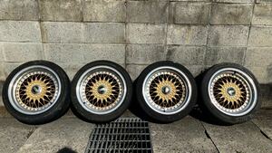 BBS RStype ゴールドメッシュホイール 4本 4穴 pcd100 & pcd114.3 マルチ 8J オフセット0 16インチ ツライチ JDM ※BBS純正ではありません