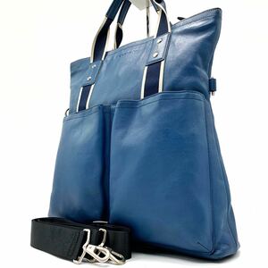 コーチ【美品】COACH トートバッグ ショルダー 2way ヘリテージウェブ フォールドオーバー レザー 本革 A4収納可 ビジネス メンズ ブルー