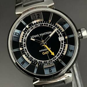 【外箱付】ルイヴィトン Q113K タンブール デイト 黒 ブラック 40㎜ 男性用 メンズ腕時計 GMT 自動巻 紳士 黄針 動作良好 
