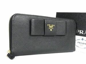 1円 ■極美品■ PRADA プラダ 1M0506 サフィアーノレザー リボン ラウンドファスナー 長財布 ウォレット レディース ブラック系 AY0414