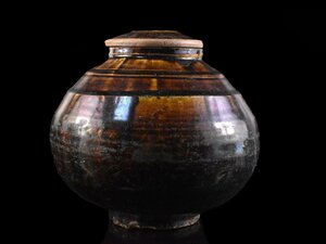 【雲】某収集家放出品 名品 飴釉面取蓋付花瓶 飾壺 高さ19.3cm 古美術品(李朝高麗瀬戸)AA9621 UTDokju