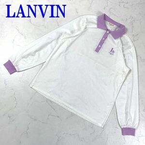 LANVIN ランバン長袖バイカラーポロシャツオフホワイトパープルカジュアル ブランドネーム刺繍有 ゴルフ ゆったり感 M C9652