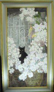 ★☆絵画日本画　大型額付絵画80号　作者不明『カナリアと黒猫/花』柔らかな色合い【難有/アクリル、ガラス無】　　　　　　　　