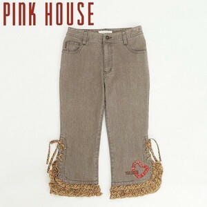 ◆PINK HOUSE ピンクハウス ハート＆ロゴ刺繍 裾チェック柄フリル サイドレースアップ クロップド デニム パンツ ジーンズ ブラウン S