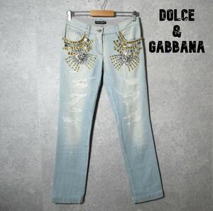 美品 Dolce&Gabbana ドルチェアンドガッバーナ サイズ38 ライトブルー デニムパンツ プレートロゴ ビジュー ストレート A1989