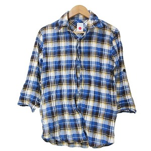 マーカ marka チェックシャツ 7分袖 ロールアップ シワ加工 ワイヤー入り 1 S相当 青 ブルー IBO47 X メンズ