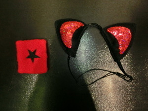 ハロウィン 衣装 猫耳ヘアバンド+星印リフトバンド 赤黒