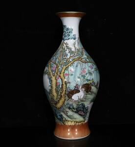 【多寶屋】■古美術 旧家蔵出■ 大清雍正年製款 粉彩 描金 野兔紋橄欖瓶 時代物 T08