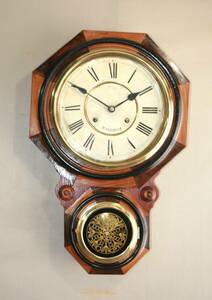 ＯＨ済み：10吋ウオーターベリー・寄木模様の柱時計・古時計