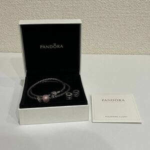 PANDORA パンドラ 2連 レザー ブレスレット チャーム シルバー 925 パープル 紫 箱付き 保管品