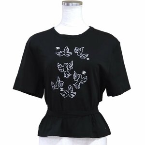 未使用 シャネル 22C 鳥刺繍 レースアップ 半袖Ｔシャツ レディース 黒 M ココマーク CHANEL