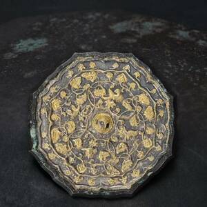  br10647 中国古玩 古銅製 銅鏡 鍍金花鳥紋銅鏡 銀象嵌 銅製 唐物 幅約11.5cm 重 261.2g