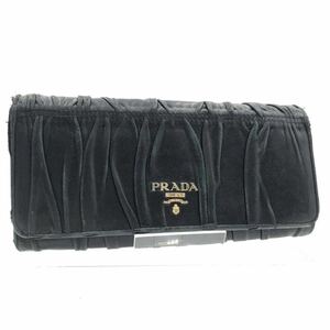 PRADA プラダ　ギャザー　長財布　ロゴ金具　ブラック　ゴールド金具　刻印あり　レザー