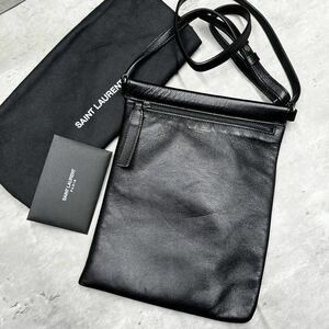 1円■未使用級■ SAINT LAURENT サンローラン メンズ フラットポーチシド ショルダーバッグ サコッシュ ラムスキン 斜め掛け レザー 黒