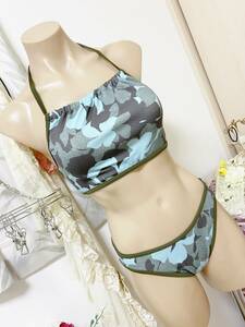 ●レディス水着 9M●ICB・日本製◆ホルターネックバンドゥビキニ：花柄カモフラ青緑系