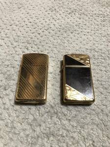 ☆ZIPPO☆ジッポー☆ゴールド☆スリム☆2点☆火花確認済☆フリント新品☆１円スター☆1889☆1890☆