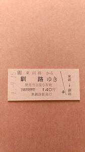 JR北海道　根室本線　東釧路から釧路ゆき　140円　東釧路駅発行