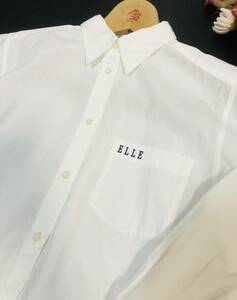 ELLE SPORTS エル スポーツ　ELLE刺繍胸ポケット＆ゆったり　裾長め＆長そでシャツ　ホワイト　サイズM相当